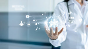 Technology Innovation and medicine concept. Doctor and medical network connection with modern virtual screen interface in hand on hospital background